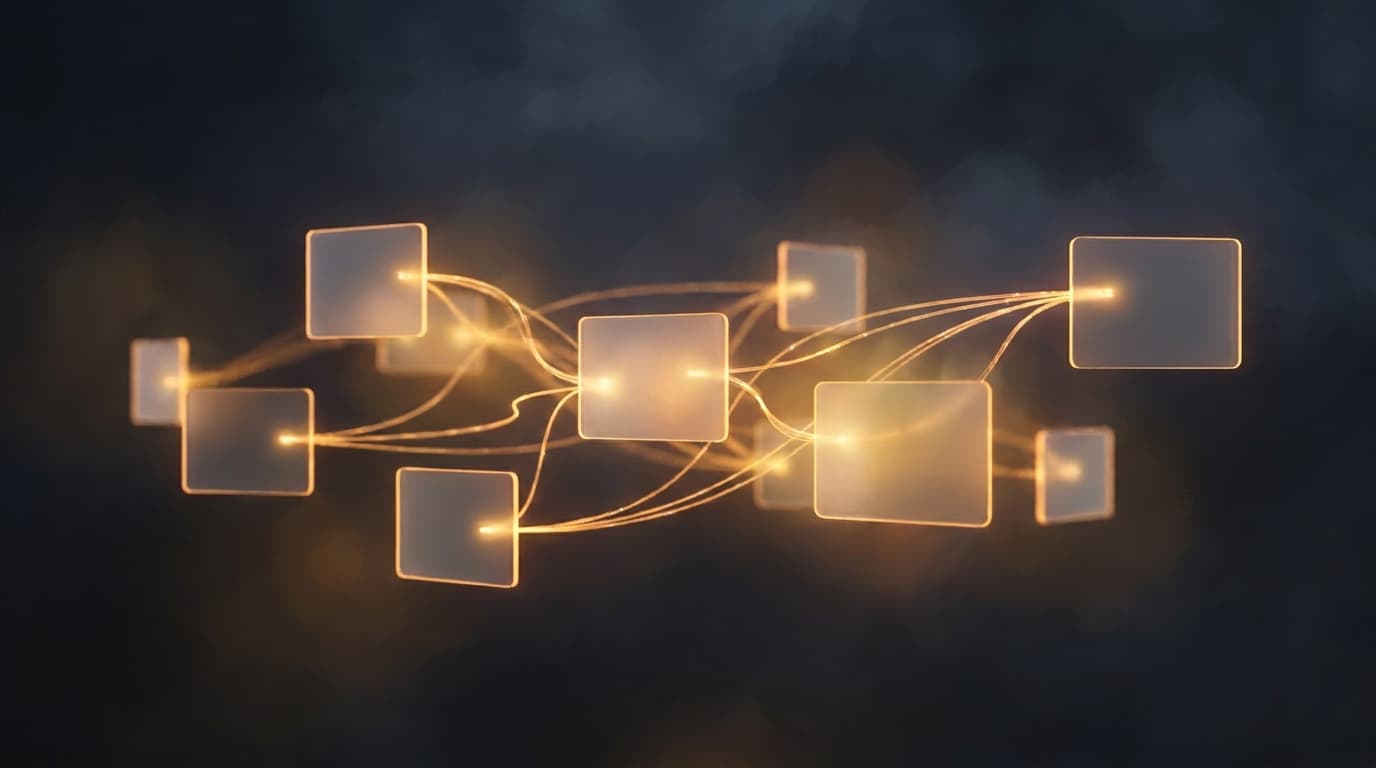 Abstract floating conversational interface panels connected by glowing threads