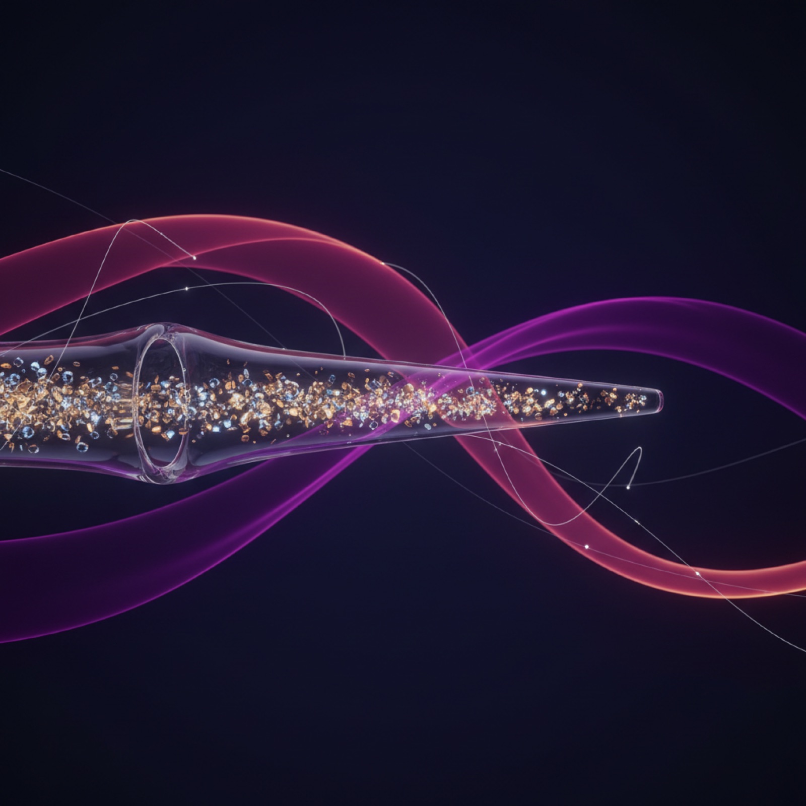 Abstract stream of luminous tokens flowing through an elegant meter