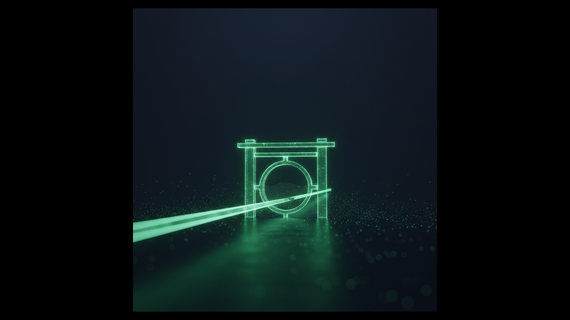 A beam of light pausing at a glowing gate before passing through