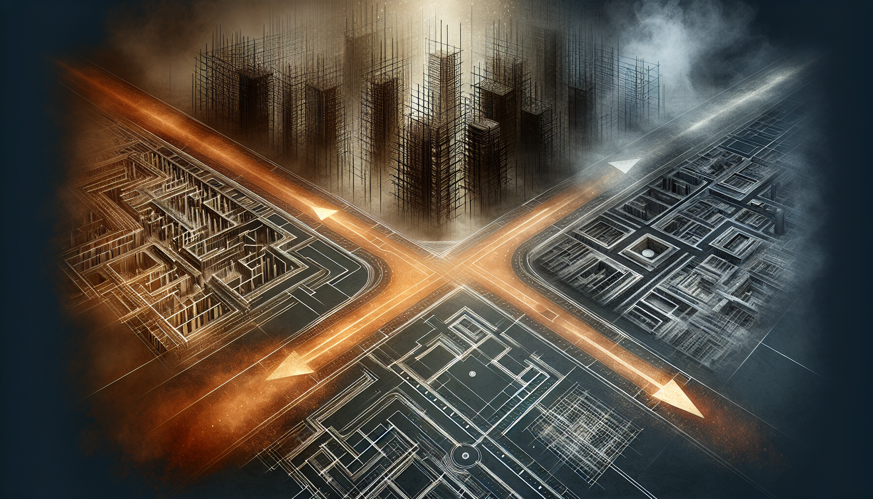 Three diverging paths representing build, buy, and wait decisions